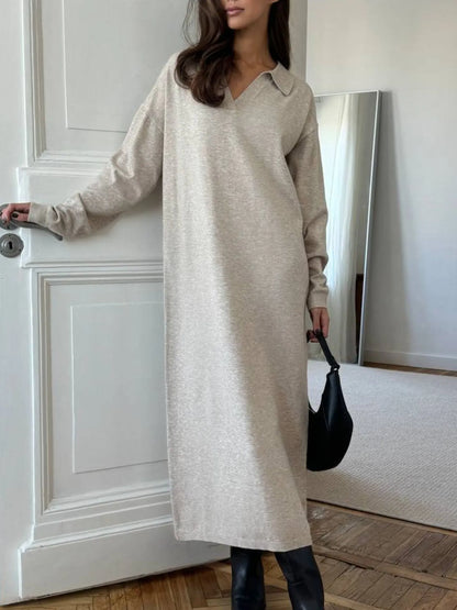 Long Sleeve Collared Neck Knit Dress Khaki - Fashorio