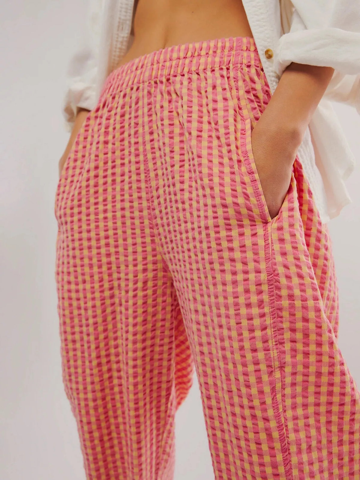 Green gingham relaxed fit pants side view