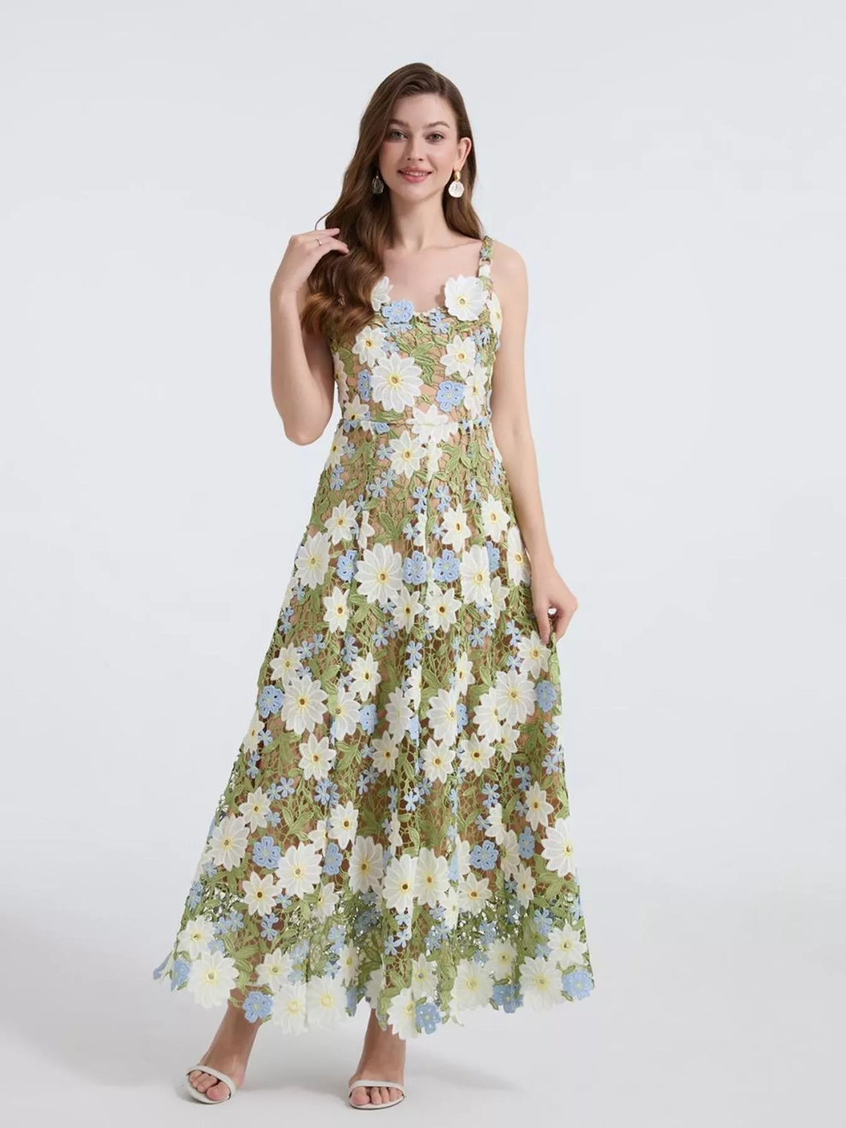 Floral embroidered maxi dress front view