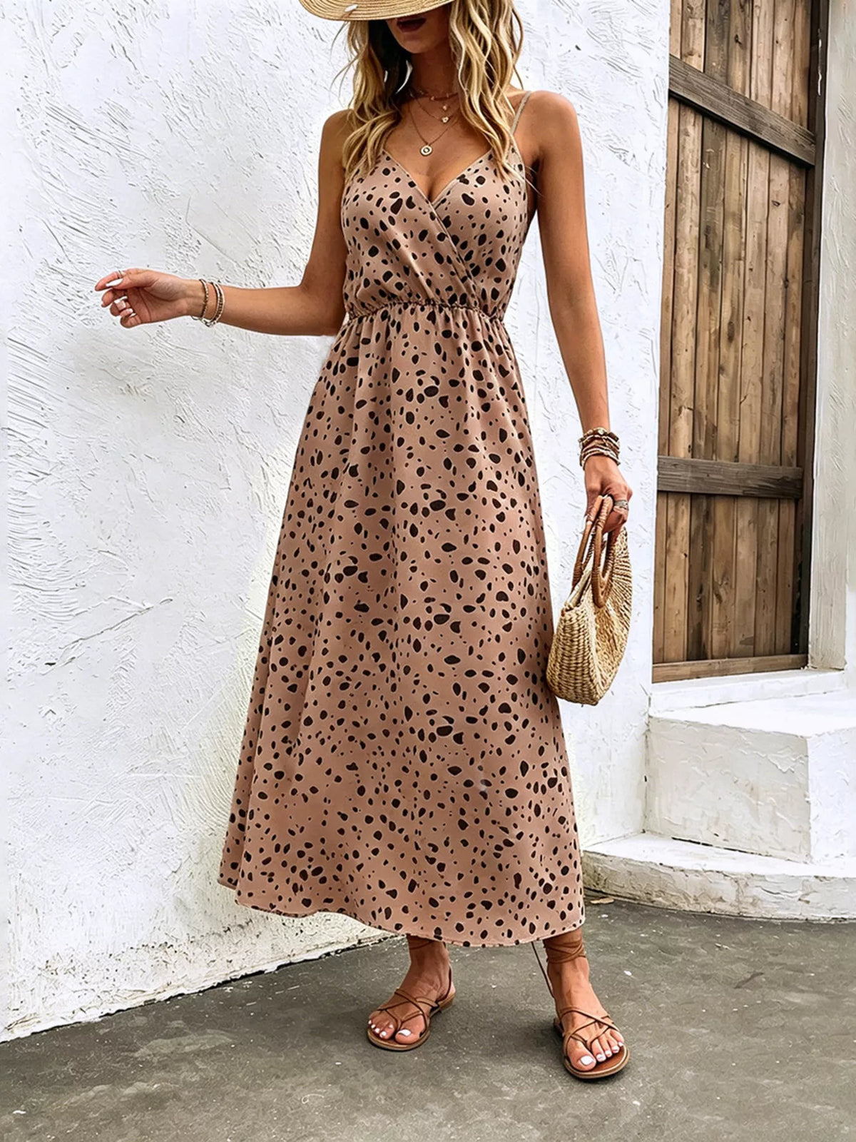 Alternate colourway of the spaghetti strap midi dress from the side
