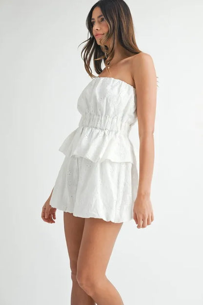 MABLE Floral Eyelet Lace Tube Top and Short Set - Fashorio