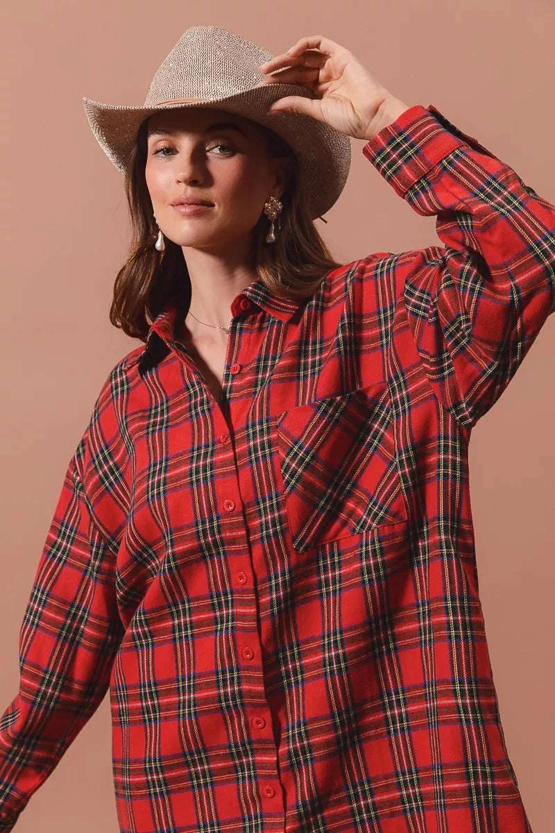 Checker Plaid Button Up Shirt Dress in Red detail