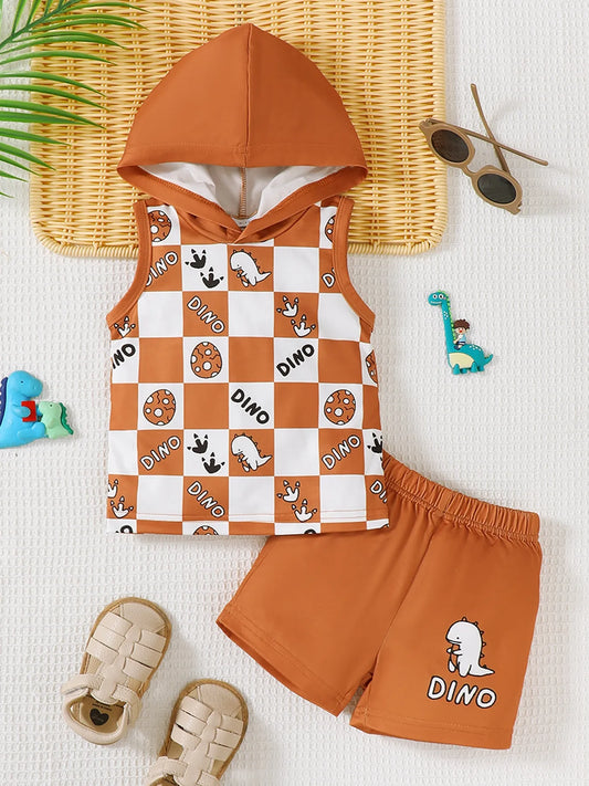 Children's Dinosaur Checkered Sleeveless Hooded Top and Shorts Set Terracotta - Fashorio