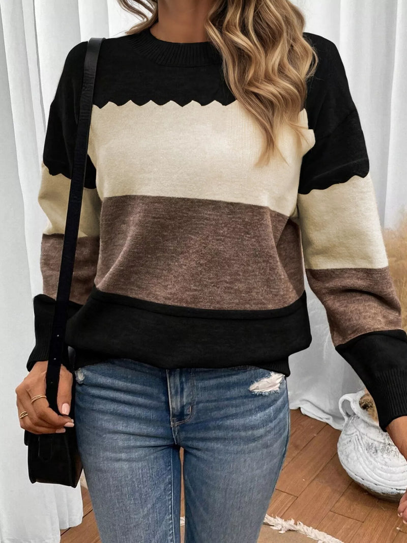 Color block crew neck drop shoulder sweater in black front view