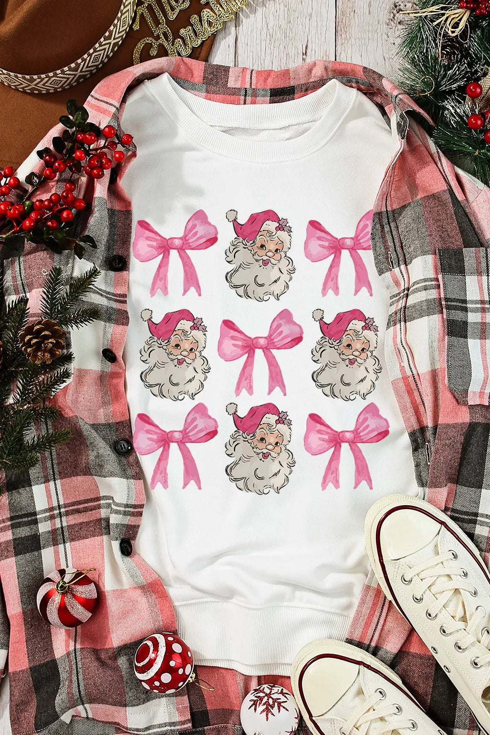 Side view of white festive graphic sweatshirt