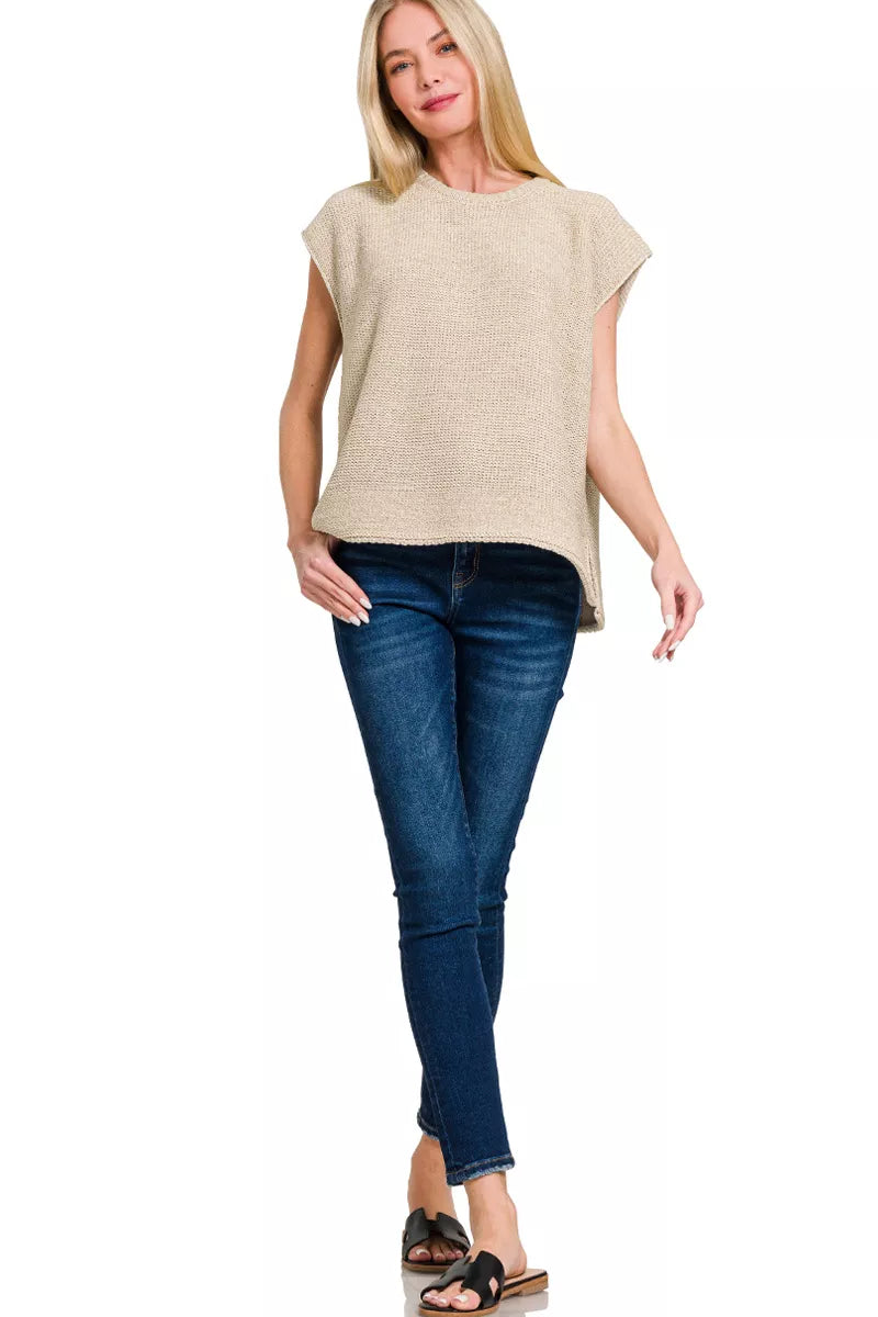 Oversized Crew Neck Sweater Vest in Sand Beige back view