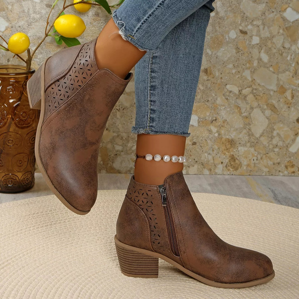 Point toe block heel boots sole and outsole view