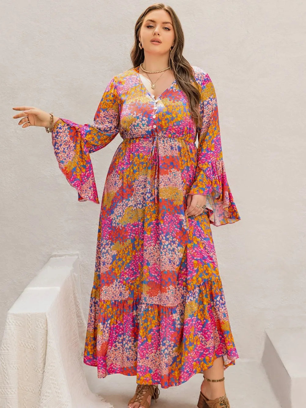 Printed V neck long sleeve maxi dress detail view