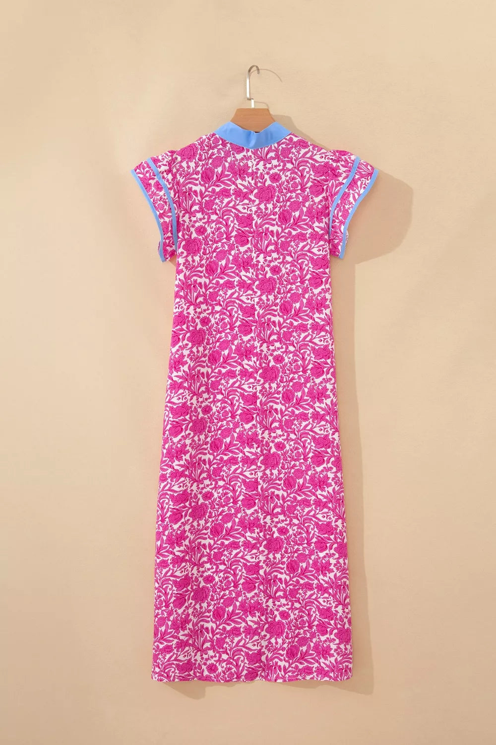 Pink floral ruffle cap sleeve maxi dress front view