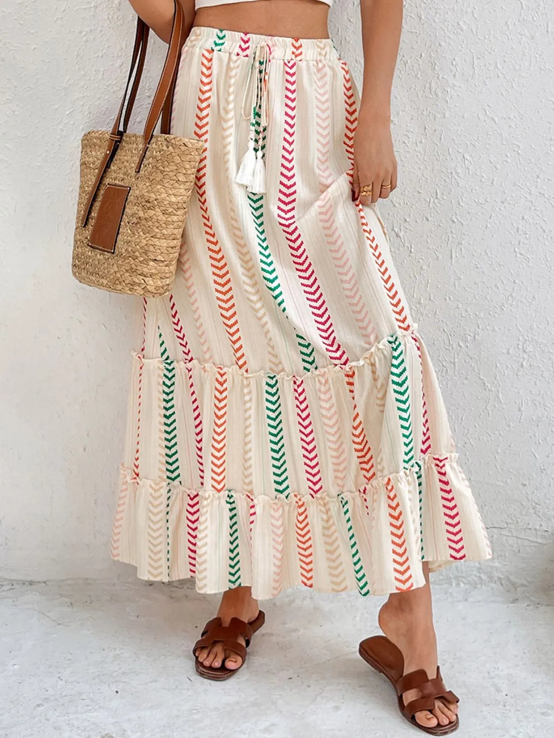 Side view of flowy frill printed skirt