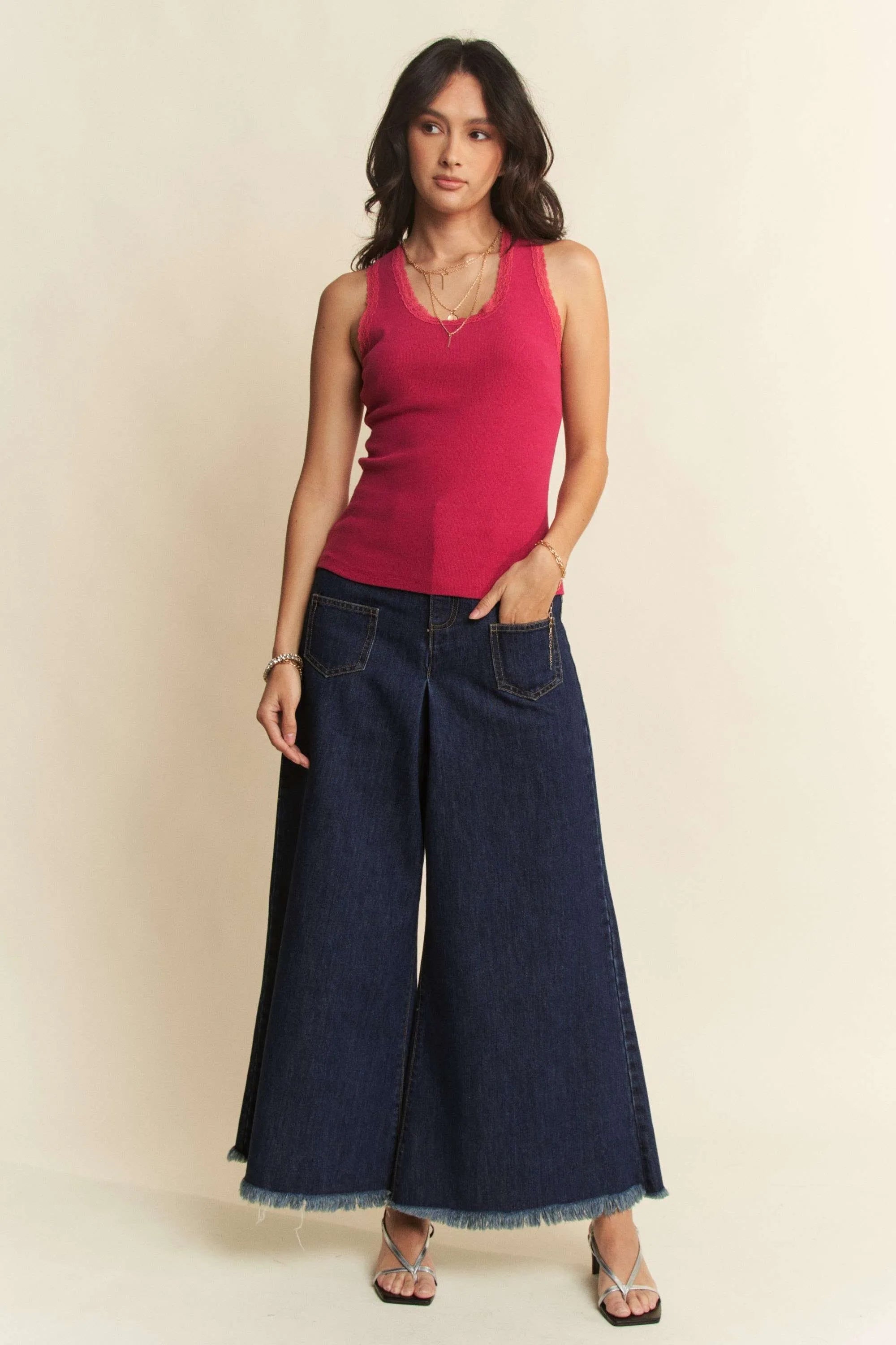 Davi & Dani Patch Pocket Wide Leg Culotte Jeans - Fashorio
