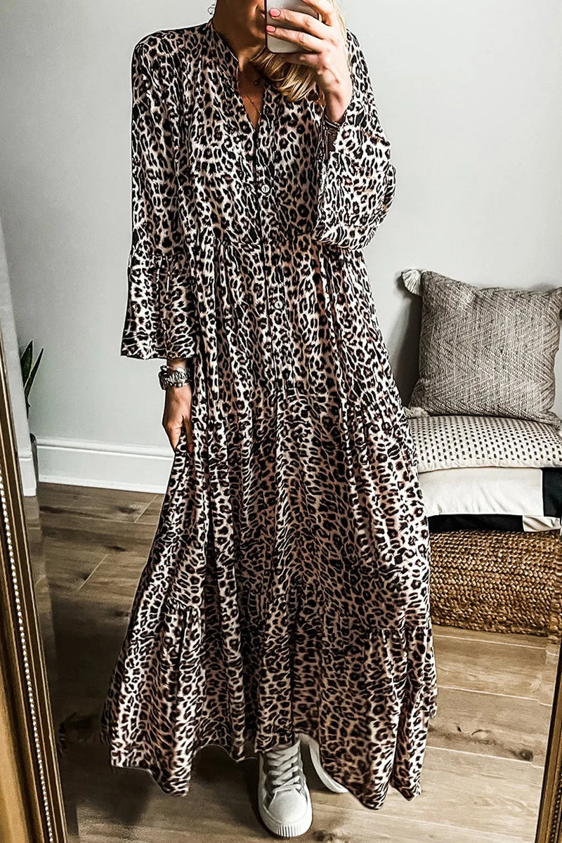 Leopard notched neck long sleeve maxi dress front view
