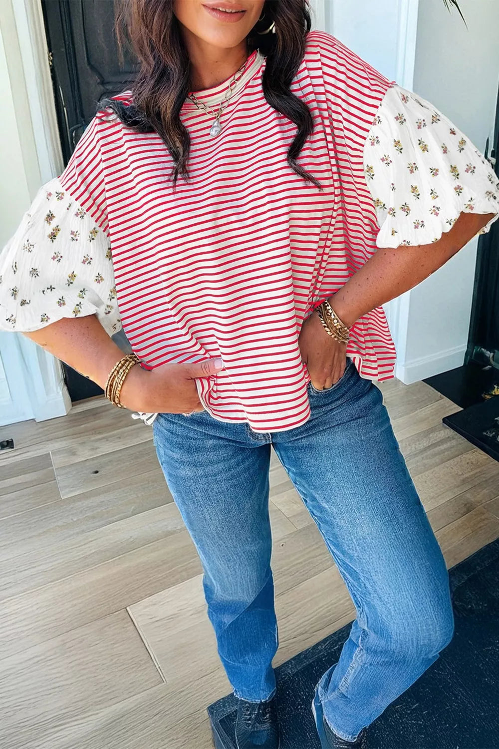 Burnt coral patchwork top puff sleeve detail