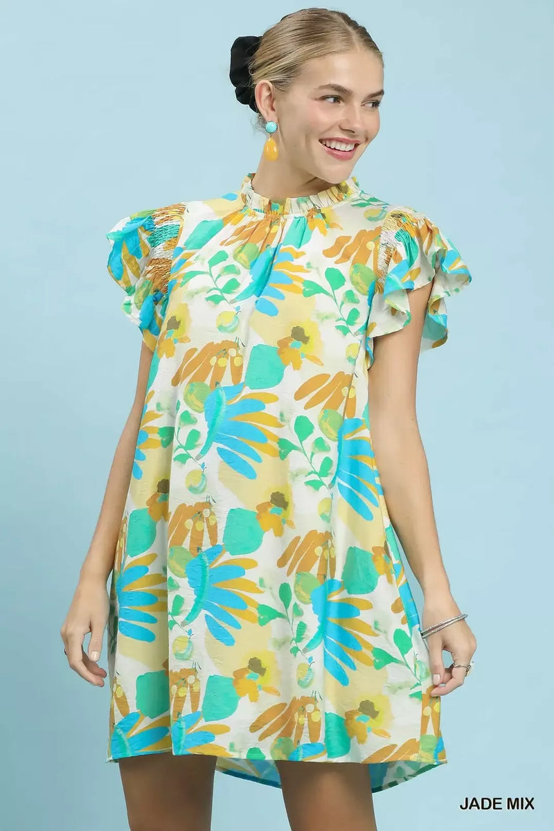 Ruffled Botanical Print Mini Dress