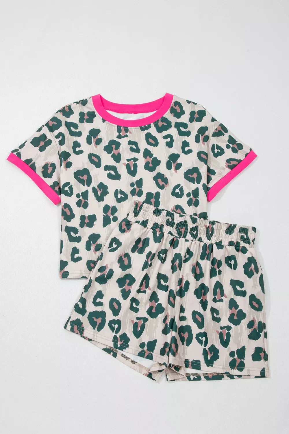 Leopard knit matching top and shorts two piece set