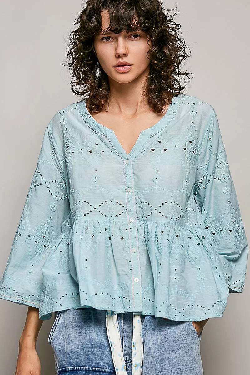 Aqua eyelet embroidery peplum shirt front view