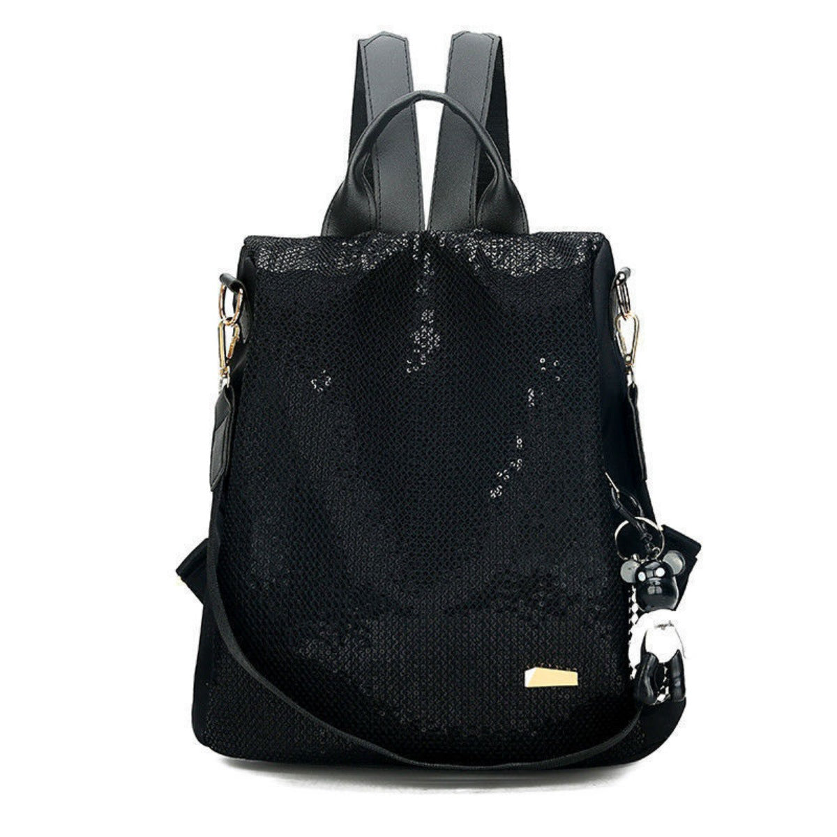 Black sequin backpack back view