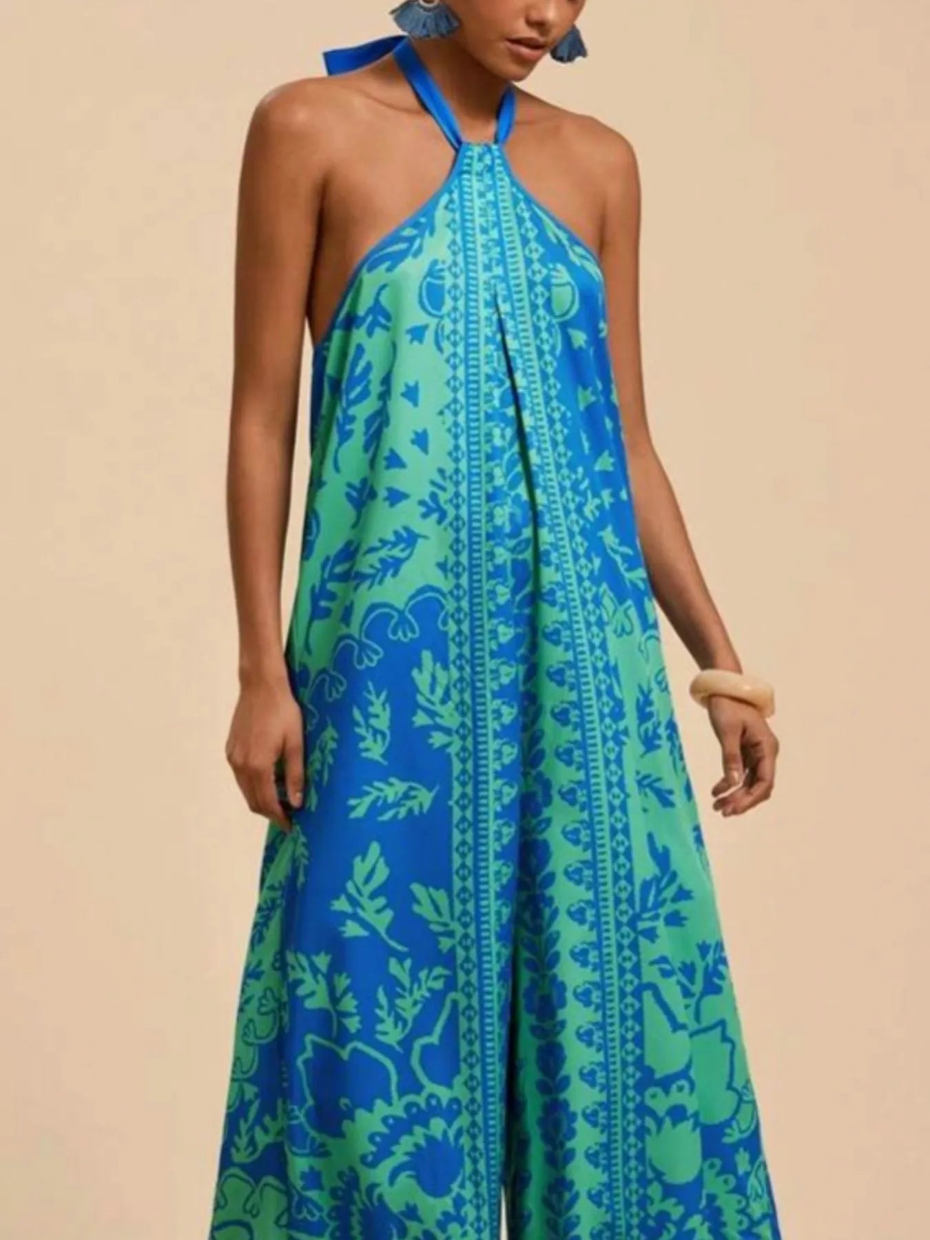 Printed Halter Wide-Leg Jumpsuit - Fashorio