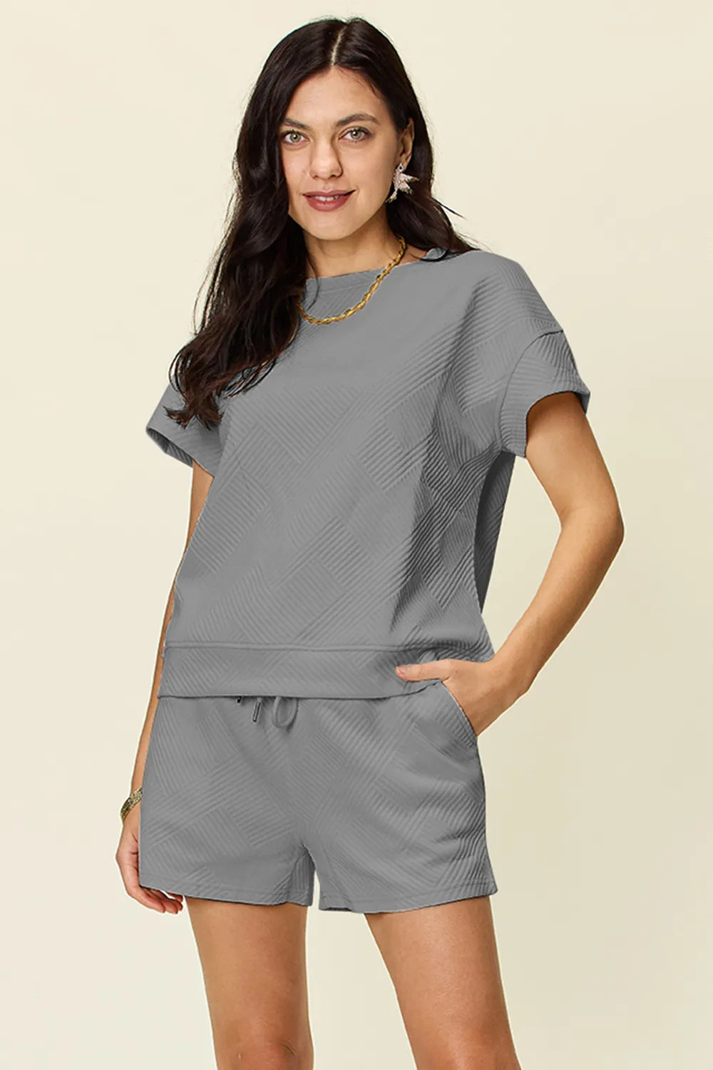 Double Take Full Size Texture Short Sleeve T-Shirt and Drawstring Shorts Set Gray - Fashorio