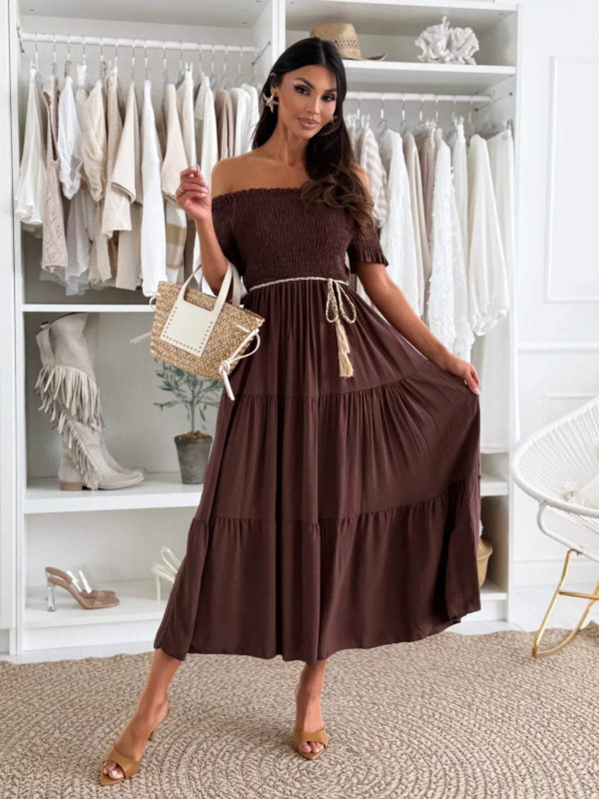 Off shoulder smocked tiered midi dress front view