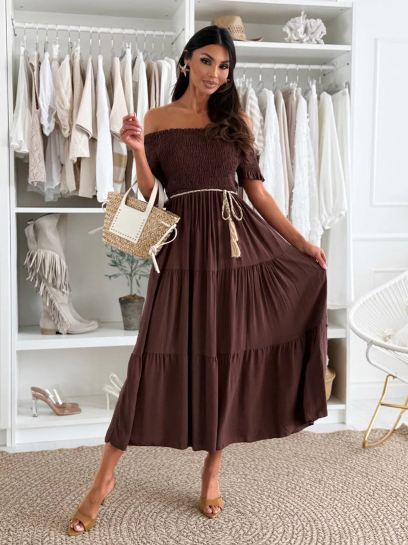 Off shoulder smocked tiered midi dress front view