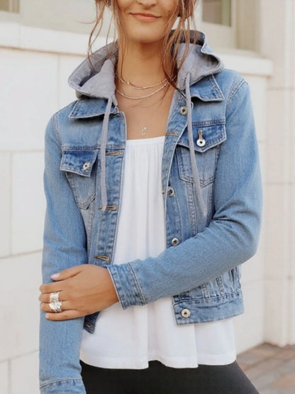 Full Size Button Up Drawstring Hooded Denim Jacket Plus Size Light Blue - Fashorio
