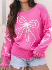 Ribbed Hem Long Sleeve Sweater Fuchsia Pink - Fashorio