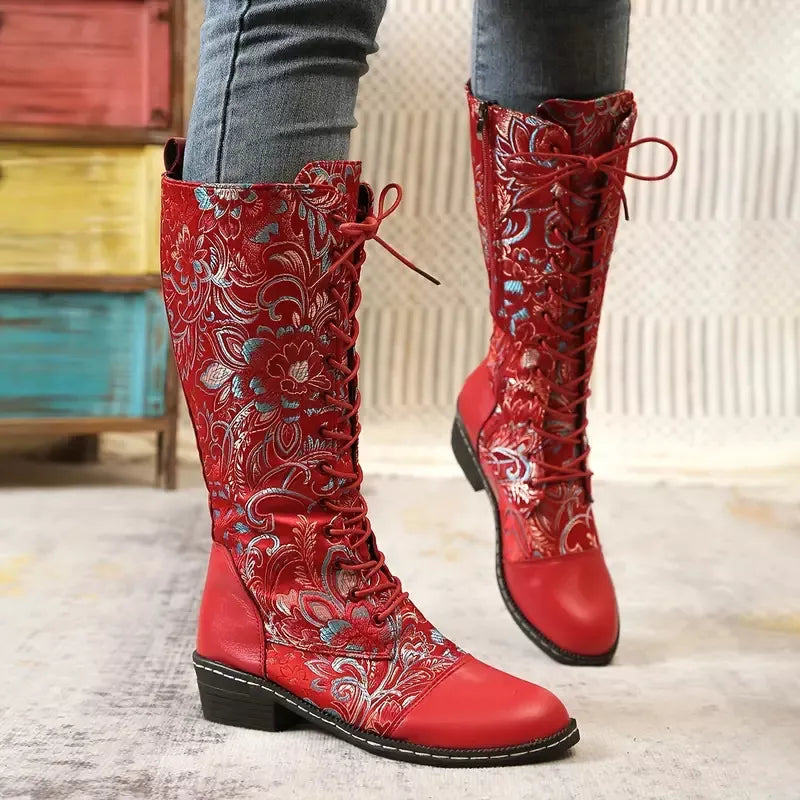 Embroidered knee high boots side profile