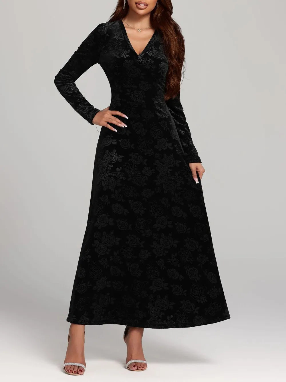 Rose Print V Neck Long Sleeve Dress V neckline detail