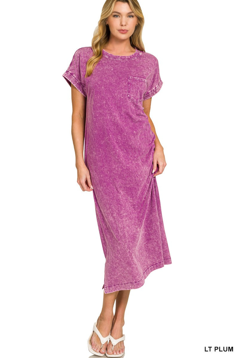 Washed Exposed Seam T Shirt Dress in Plum back view