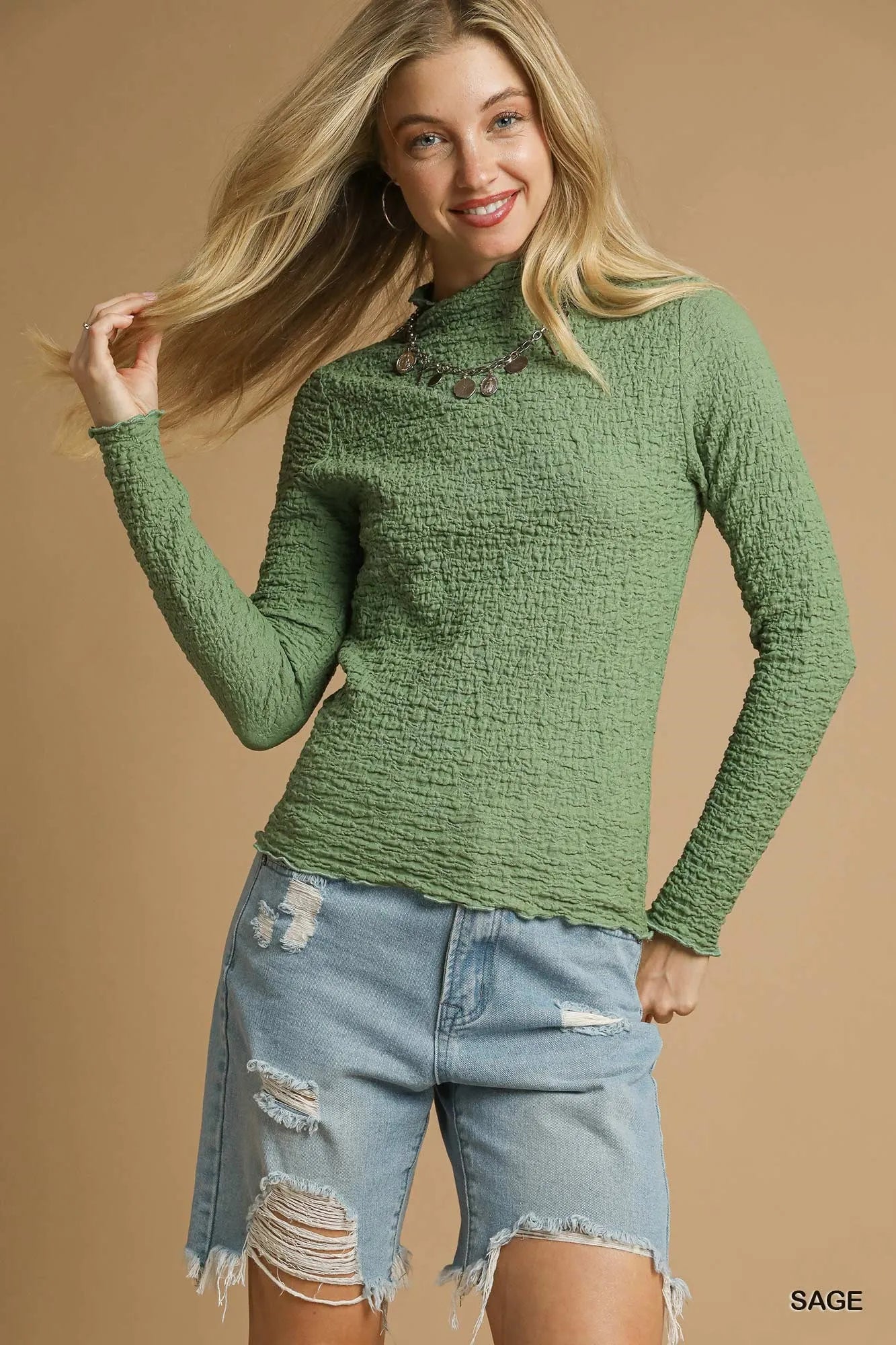 Umgee Textured Crinkle Knit Long Sleeve Top Sage - Fashorio