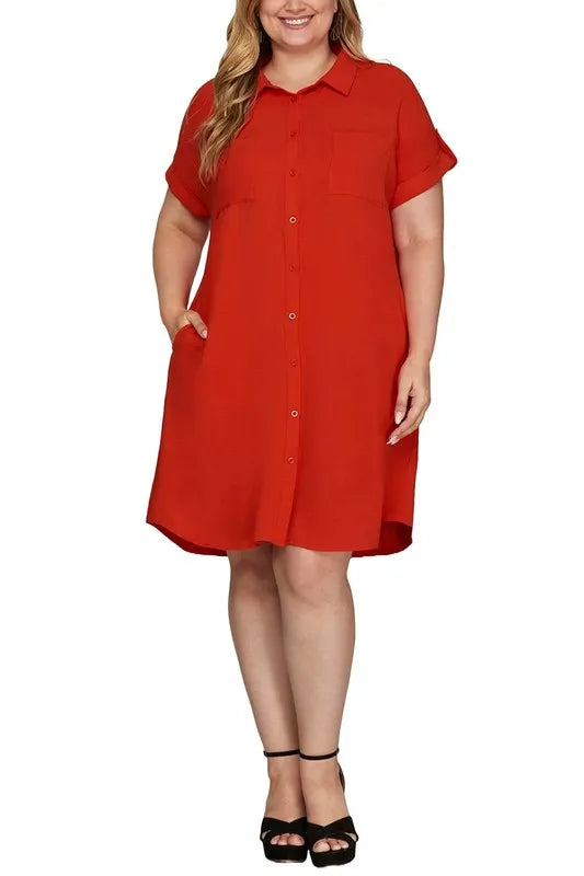 Button Down Short Sleeve Woven Shirt Dress back view