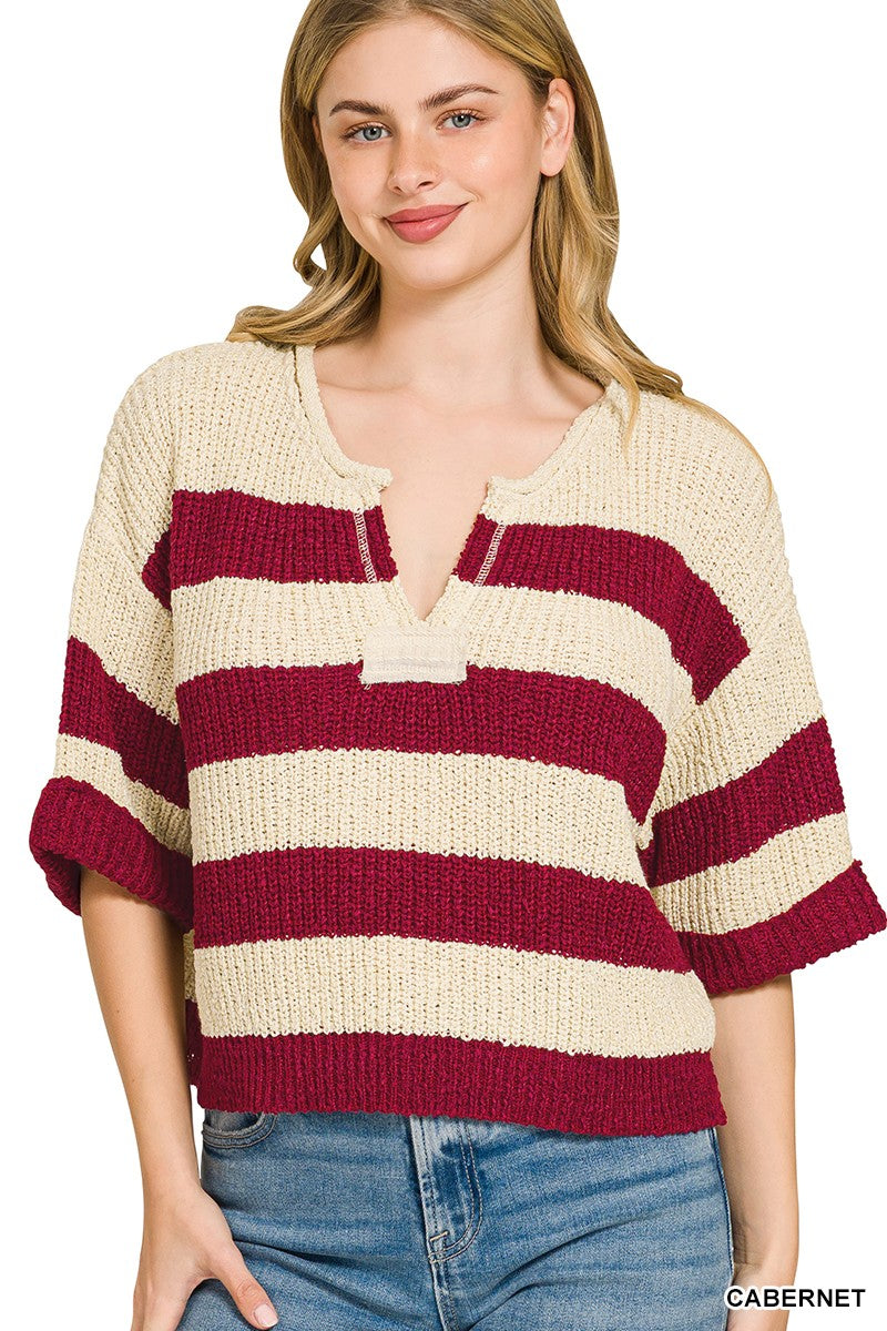 Split neck stripe short sleeve sweater front