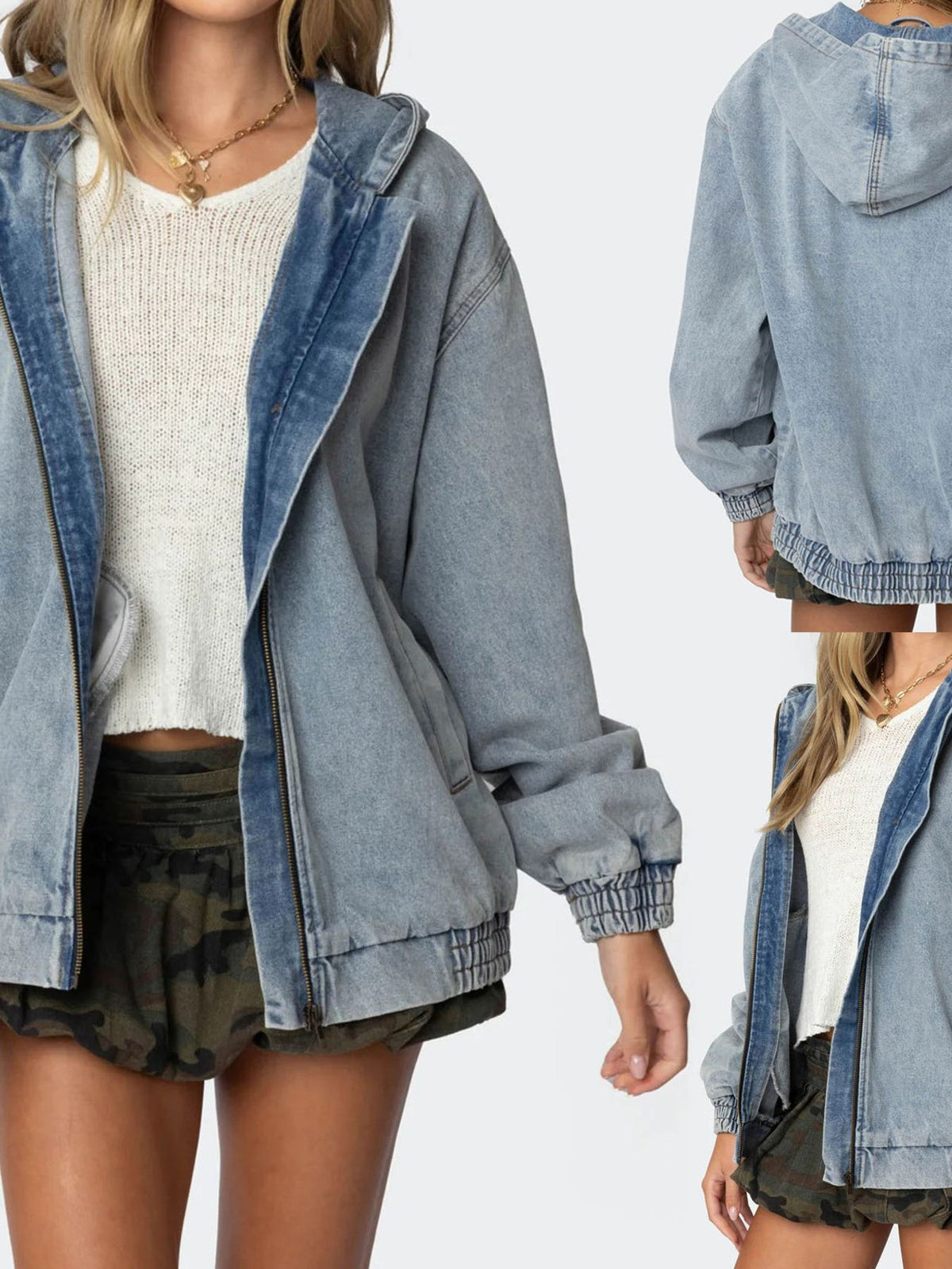 Hooded Oversized Zip Up Denim Jacket in Light Blue on model