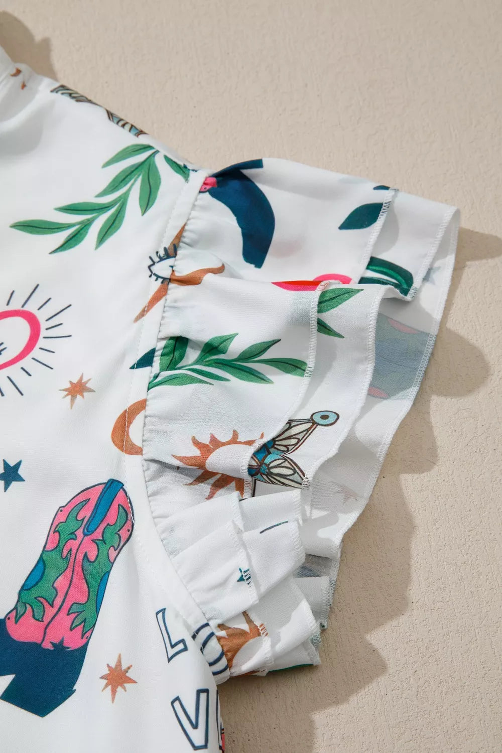 White western print flutter sleeve button down mini dress fabric detail