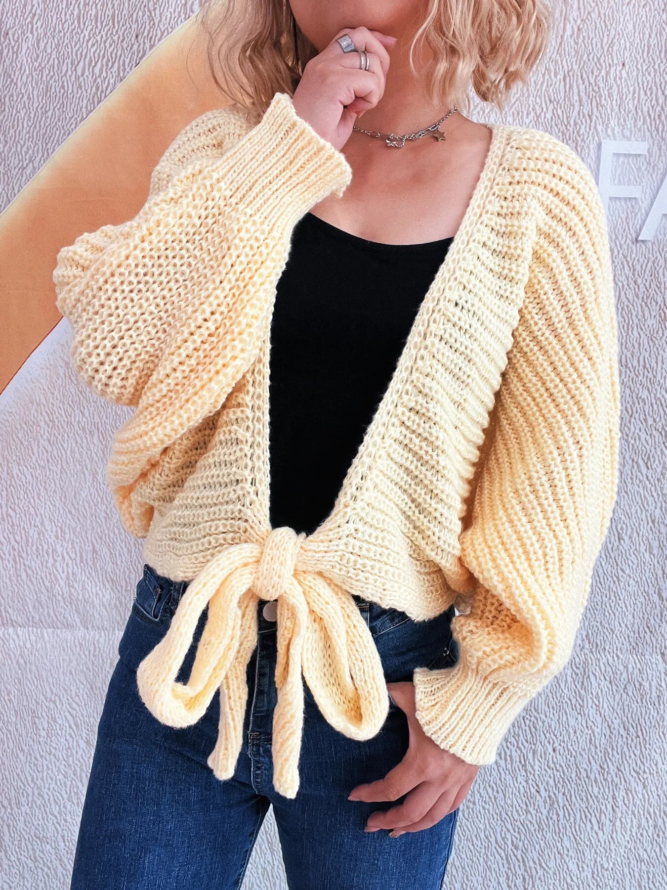 Tie Front Long Sleeve Cardigan - Fashorio