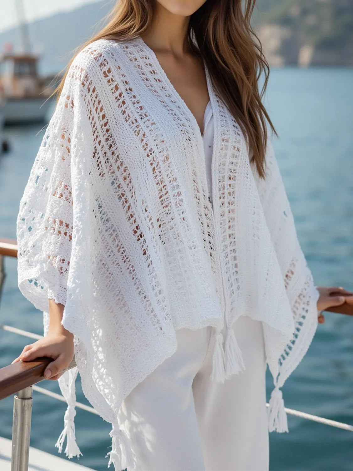 Openwork tassel knit cover up front view