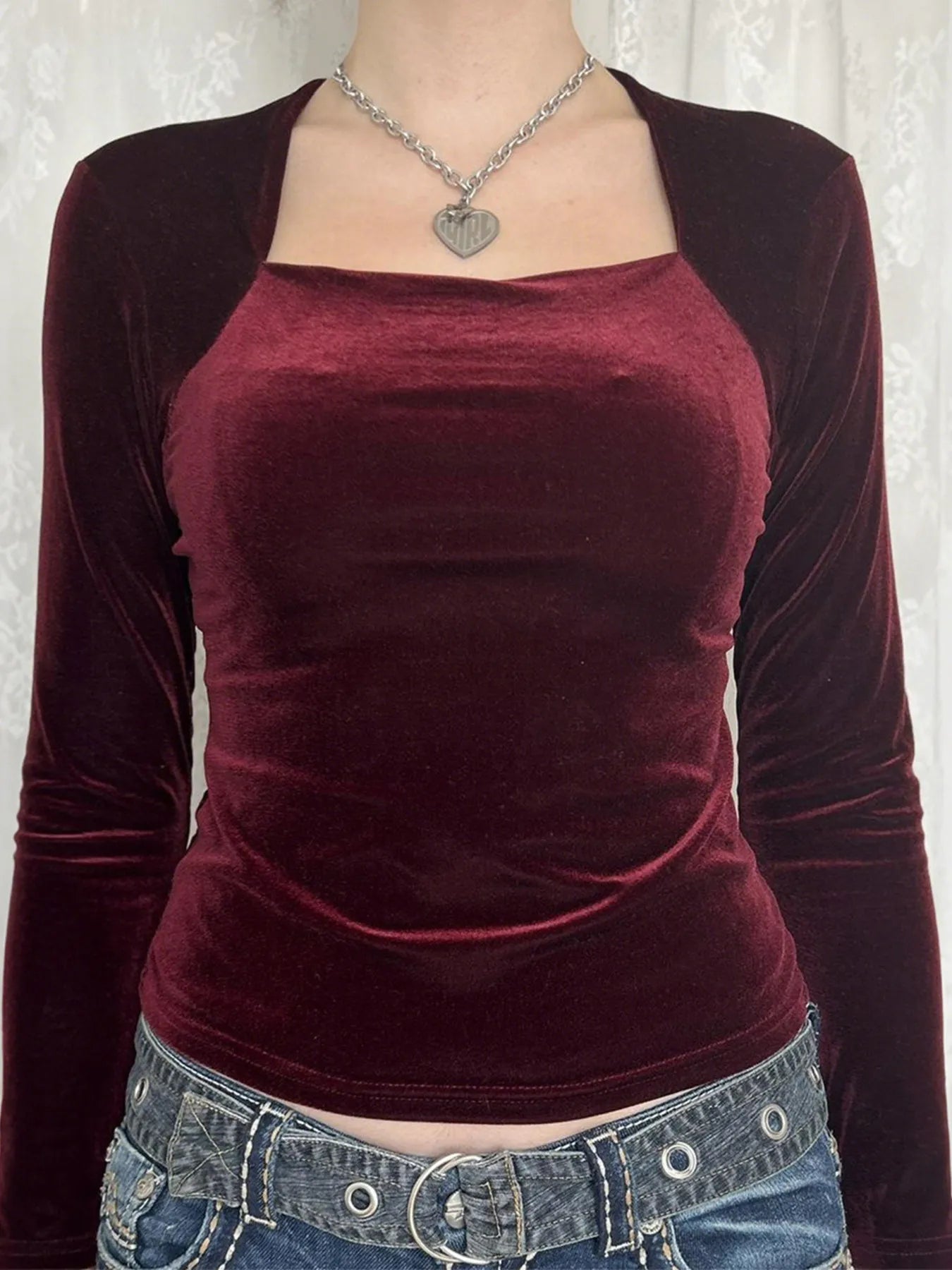 Velvet Long Sleeve Square Neck T-Shirt - Fashorio