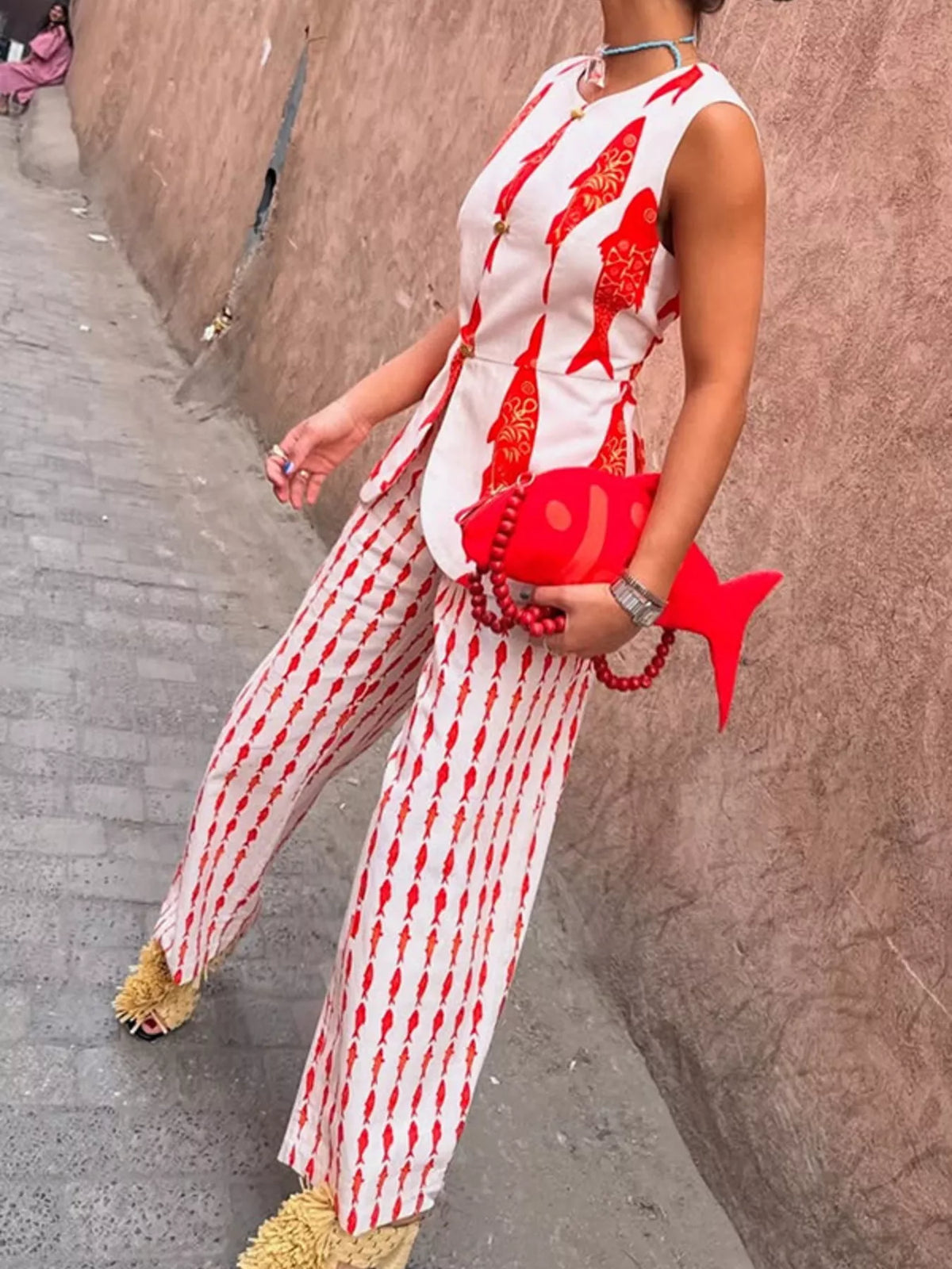 Fish Print Sleeveless Top and Pants Set, view 7