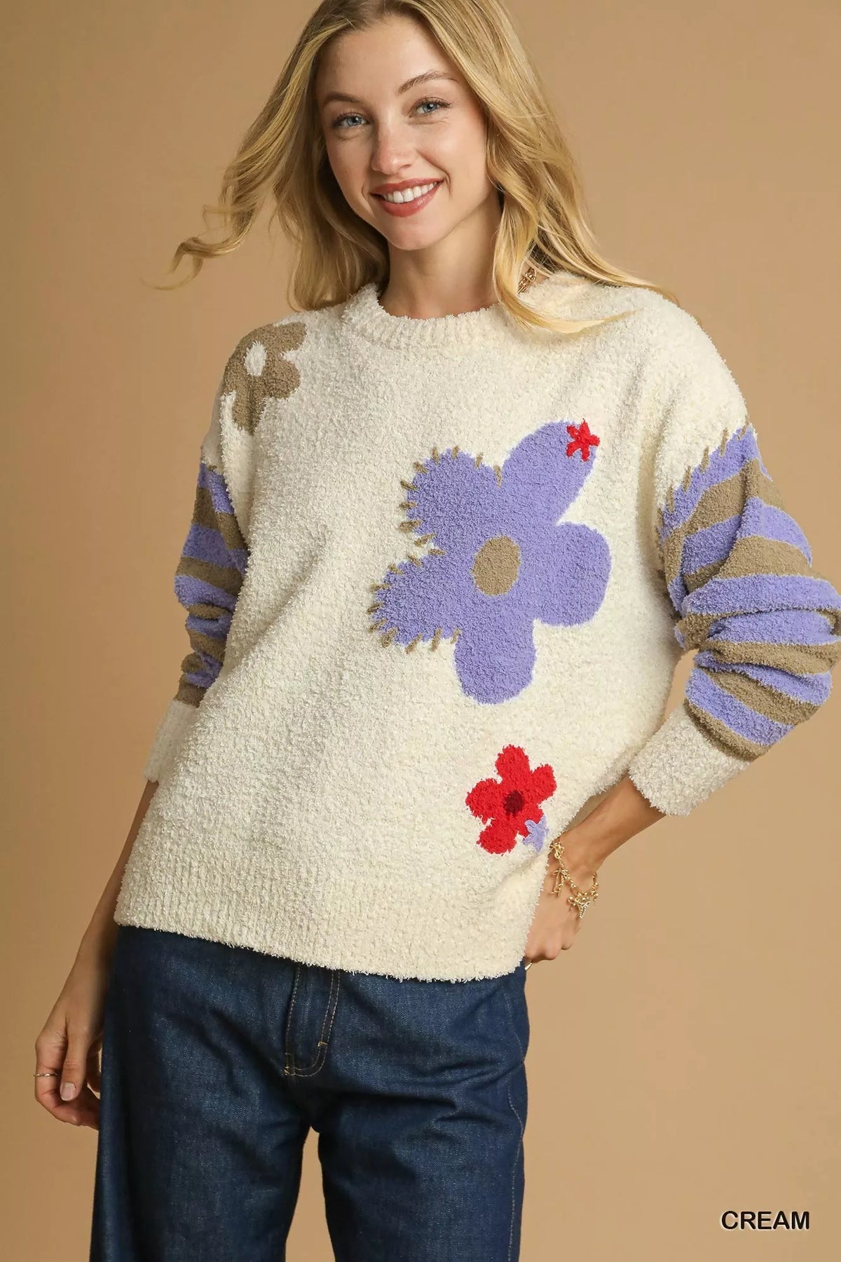 Floral Jacquard Striped Long Sleeve Sweater in Cream back view