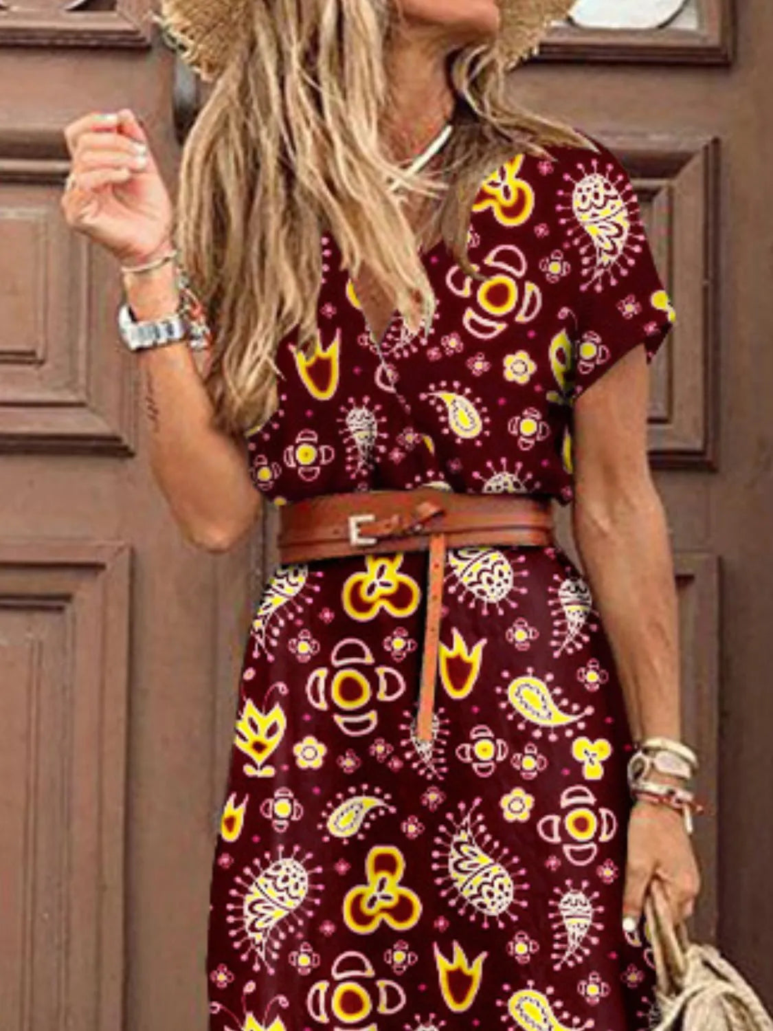Printed V Neck Short Sleeve Maxi Dress view 13