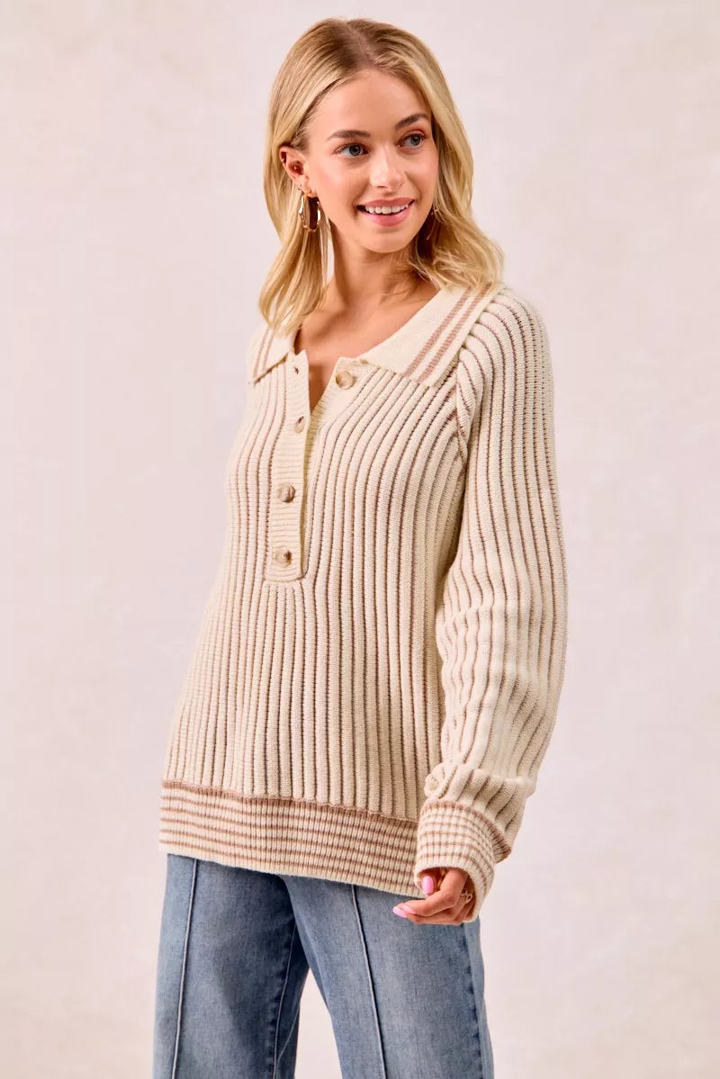 Half Button Ribbed Two Tone Sweater in Cream and Latte view 11