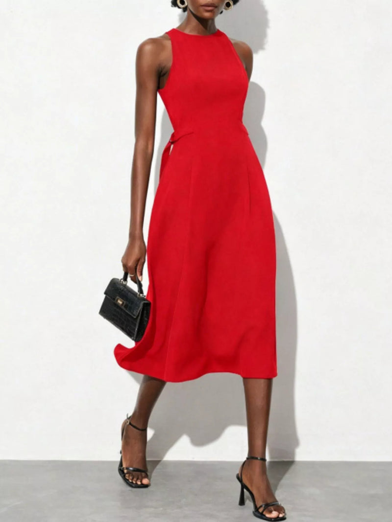 Red sleeveless solid midi dress front view