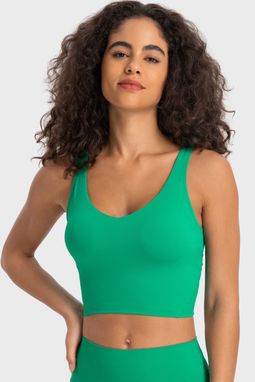 Millennia Deep V-Neck Crop Sports Bra Mid Green - Fashorio