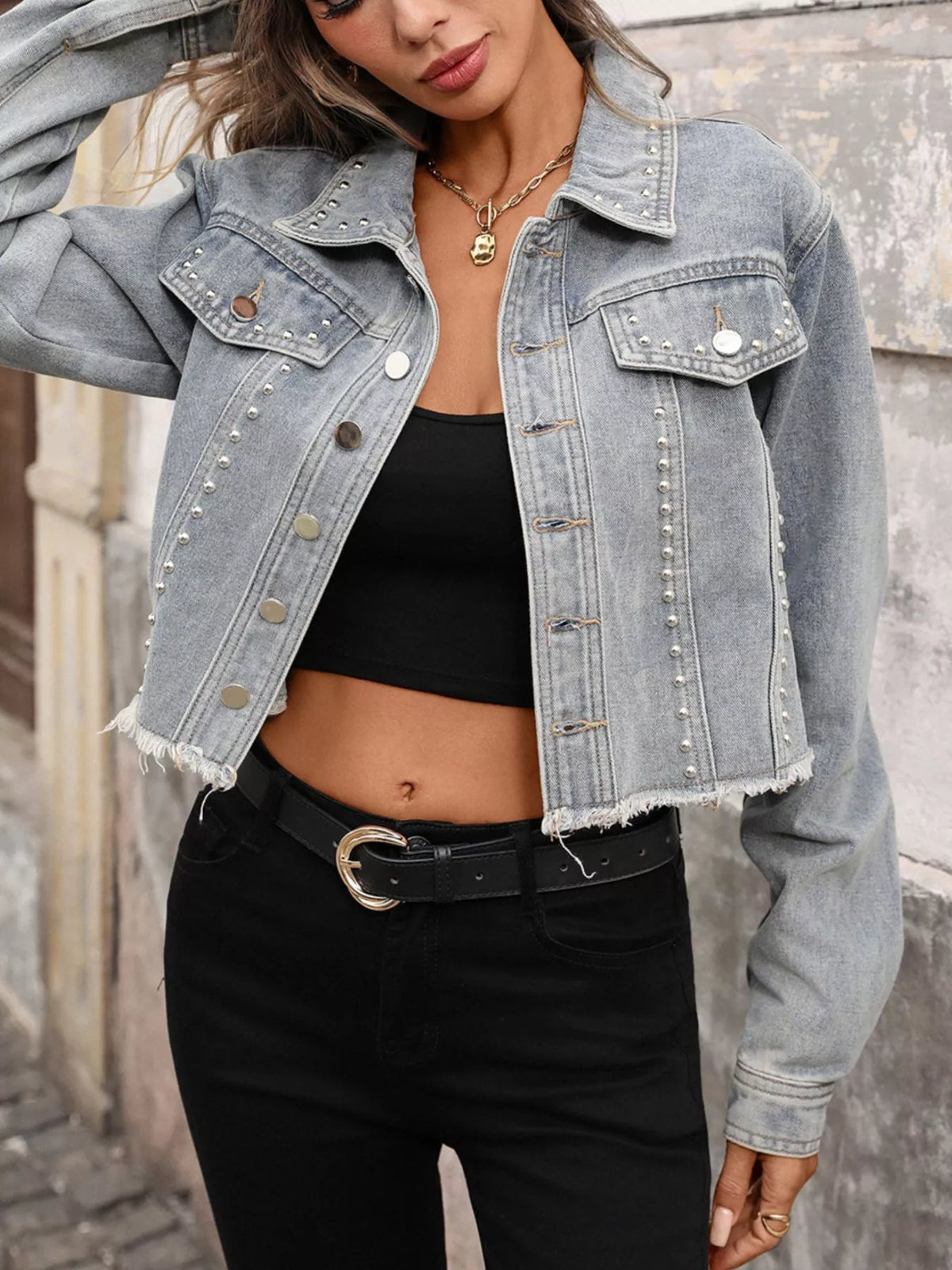 Studded Raw Hem Denim Jacket in Light Blue side view