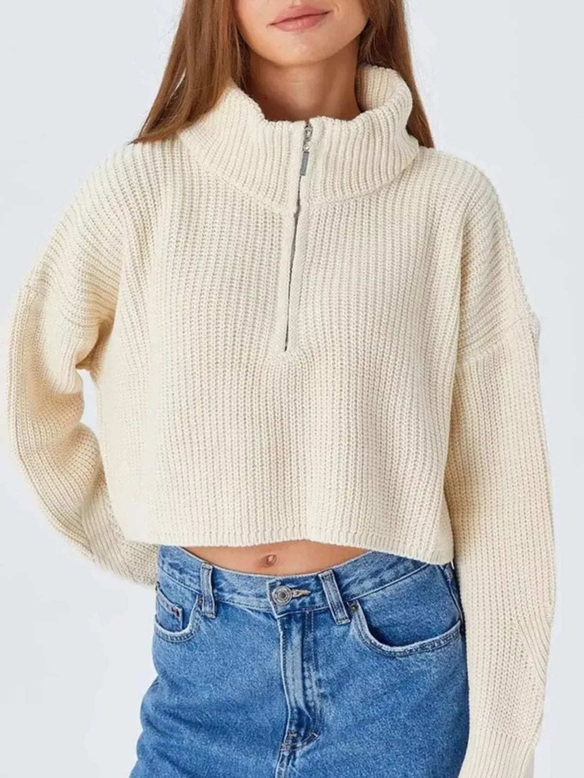 Half zip drop shoulder sweater, layered outfit