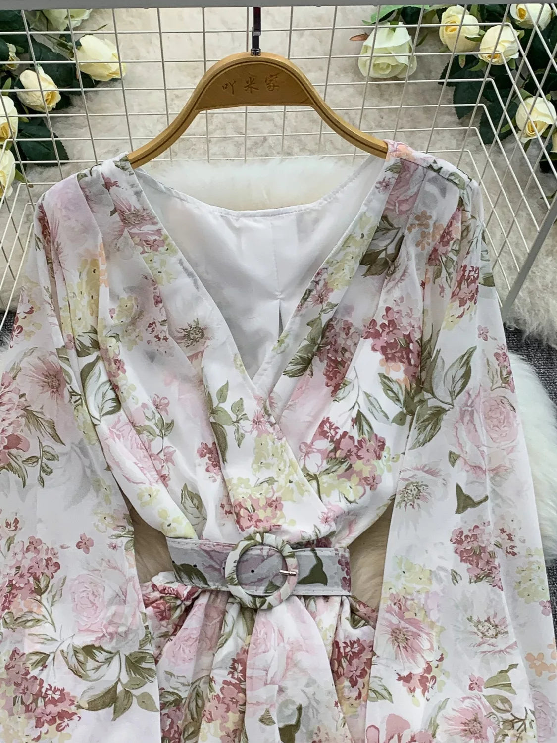 floral ruffle hem mini dress on model