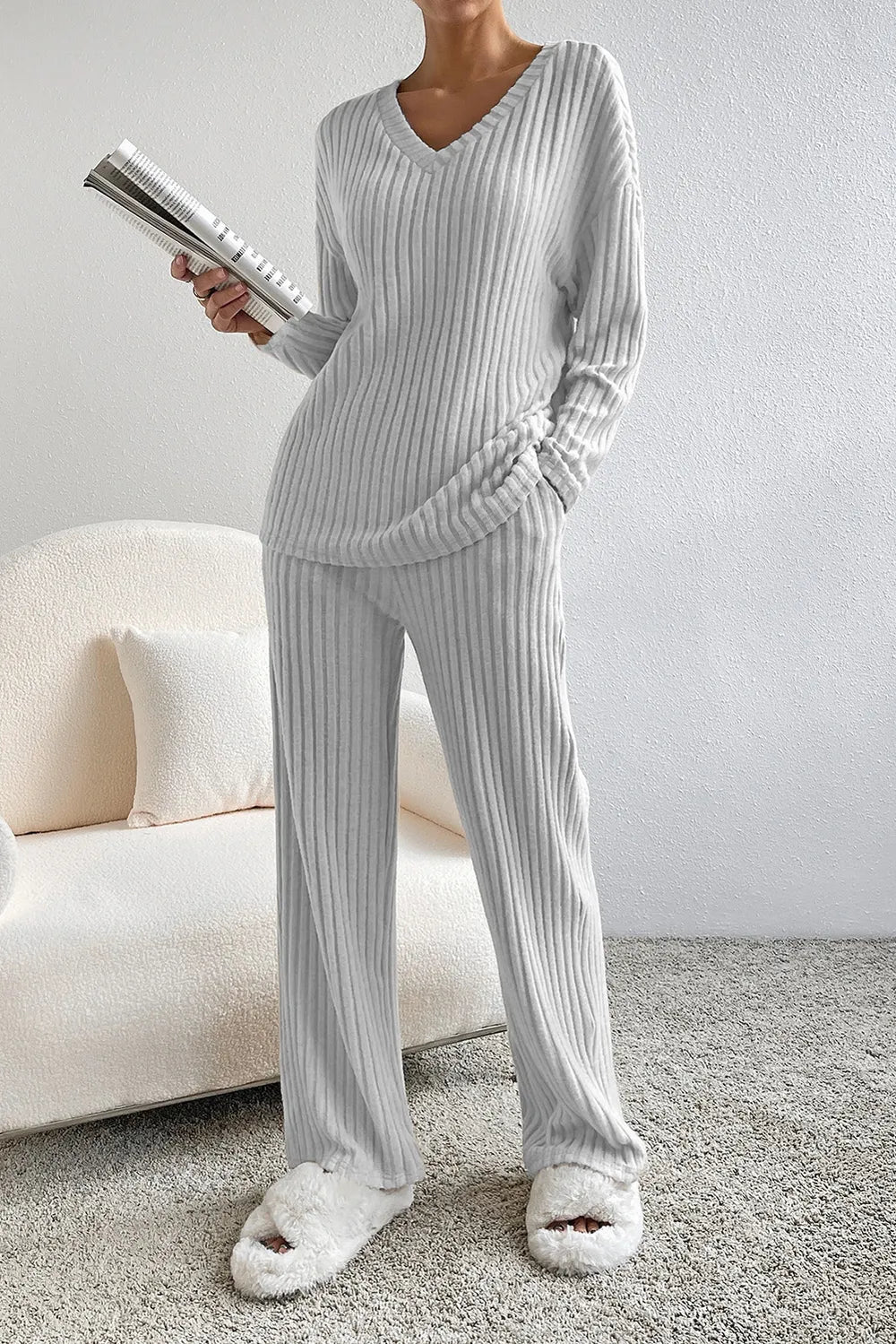 Ribbed V-Neck Top and Pants Lounge Set - Fashorio
