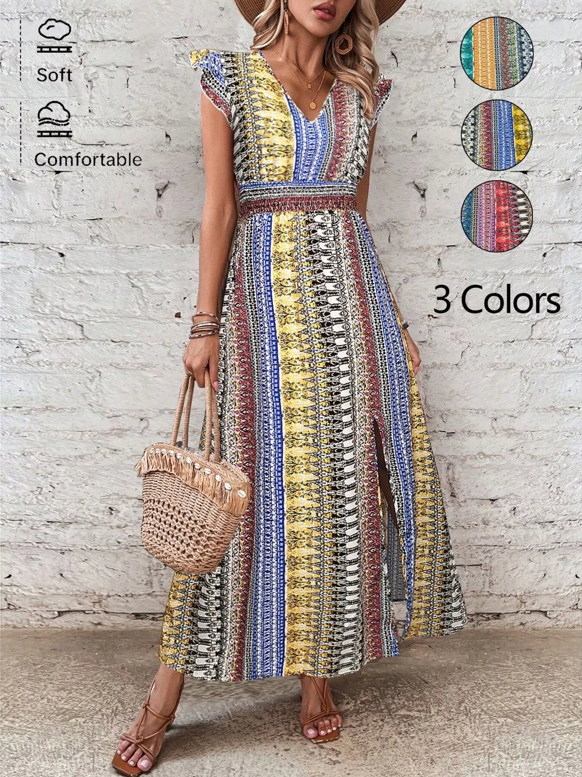 Boho print ruffle sleeve slit dress three quarter view