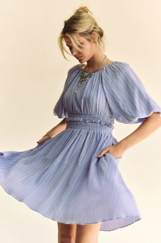 Back Button Puff Sleeve Mini Dress in Lavender styled look